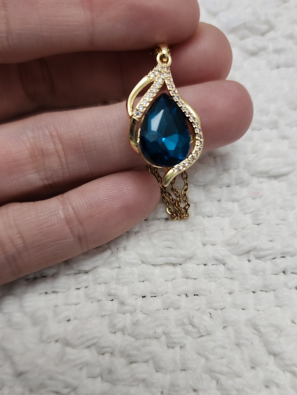 1pc Stainless Steel Drop Pendant Necklace, 18K Gold Color With Blue Artificial